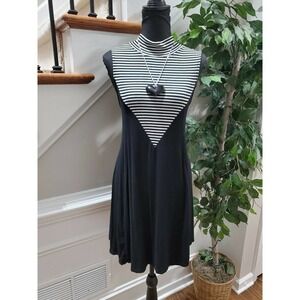 Charlie O Women's White & Black Rayon Sleeveless Mock Neck Knee Length Dress L